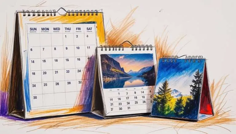 Illustration of a wall calendar and two desk calendars, one showing a landscape photo of mountains by a lake and the other with a forest scene under a blue sky, all drawn with colorful sketch-style shading.
